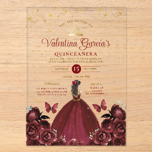 Burgunderrote Quinceañera 15 Anos Blumen Gold Acryleinladungen
