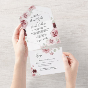 Burgunderrote Rosa Florale Hochzeit mit RSVP  All In One Einladung