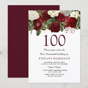 Burgunderrote Rosen-Einladung zum 100. Geburtstag Einladung