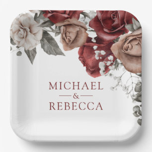 Burgunderrote Rosen Florale Hochzeit Pappteller