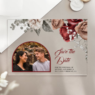 Burgunderrote Rosen Hochzeitsfoto Save-the-Date Acryleinladungen