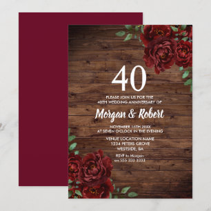 Burgunderrote Rosen - Rustikal - 40. Hochzeitstag Einladung