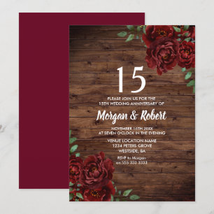Burgunderrote Rosen - Rustikale 15. Hochzeitstag-E Einladung