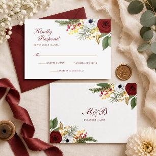 Burgunderrote und goldene florale Monogramm-Schrif RSVP Karte