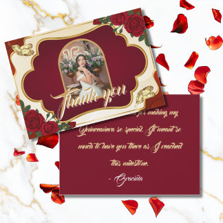Burgunderrote und goldene Rosen-Quinceañera-Foto Dankeskarte