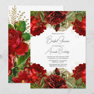 Burgunderrote und goldene Vintage-Rosen-Brautparty Einladung