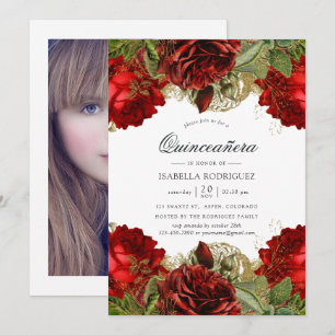 Burgunderrote und goldene Vintage-Rosen Quinceañer Einladung