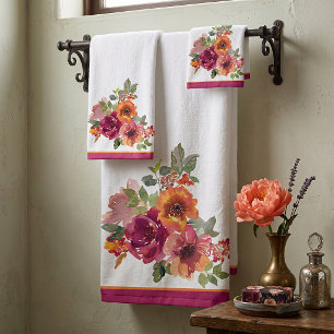 Burgunderrote und orangefarbene Wasserfarben-Herbs Badhandtuch Set