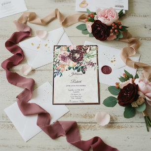 Burgunderrote und rosa florale Budget-Hochzeit Folieneinladung