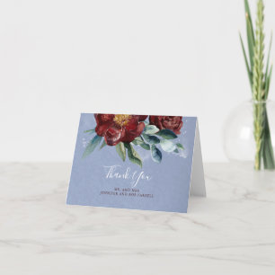 Burgunderrote und staubblaue florale Hochzeit Dank Dankeskarte