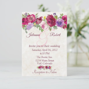 Burgunderrote und violette Blumen Hochzeit auf Bud Einladung