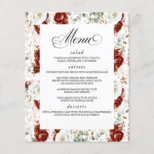 Burgunderrote weiße Blumeneleganz Hochzeitsmenü Flyer
