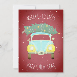 Burgunderroter Retro-Auto-Weihnachtsbaum mit indiv Feiertagskarte