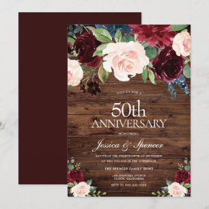 Burgunderroter Rustikaler Rosenhochzeit 50. Hochze Einladung