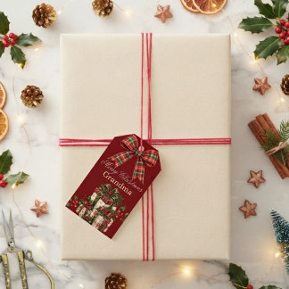 Burgunderrotes Karo-Schleifen-Weihnachtsgeschenk m Geschenkanhänger