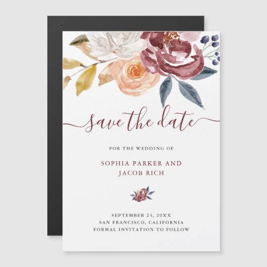 BurgunderWatercolor Blumen|, das Save the Date Magnetkarte (Vorne/Hinten)