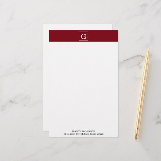 Burgunderweiß gerahmtes Initial-Monogramm Briefpapier (Vorderseite/Rückseite Beispiel)