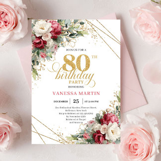 Burgunderweiße Floral-Grün-Anlage 80. Geburtstag Einladung