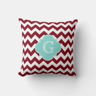Burgunderweißer Chevron Aqua Vierpass-Monogramm Kissen