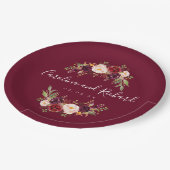 Burgundi-florale Rustikale-Engagement-Partei Pappteller (Schrägansicht)