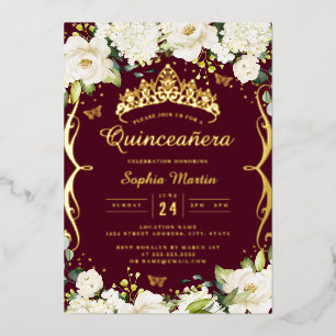 Burgundi Gold Champagne Floral Scroll Quinceanera Folieneinladung