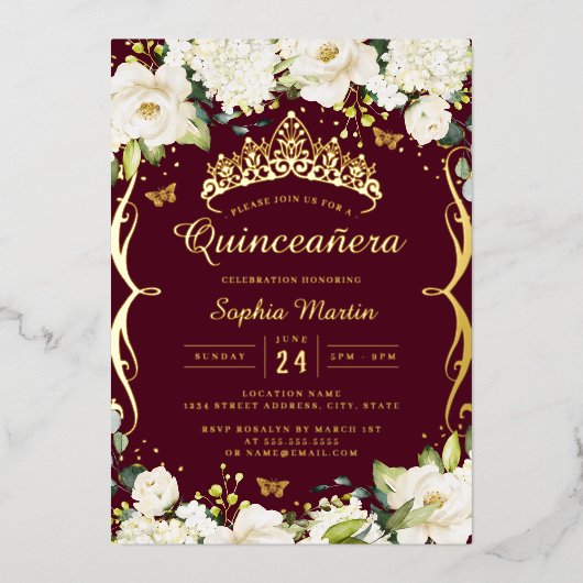 Burgundi Gold Champagne Floral Scroll Quinceanera Folieneinladung (Vorderseite)