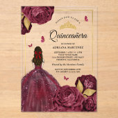 Burgundi Gold Floral Dress Butterfly Quinceanera Acryleinladungen (Vorderseite)