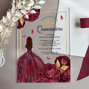 Burgundi Gold Floral Dress Butterfly Quinceanera Acryleinladungen