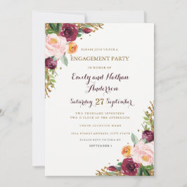 Burgundi Gold Floral Glitzer Engagement Party Card Einladung