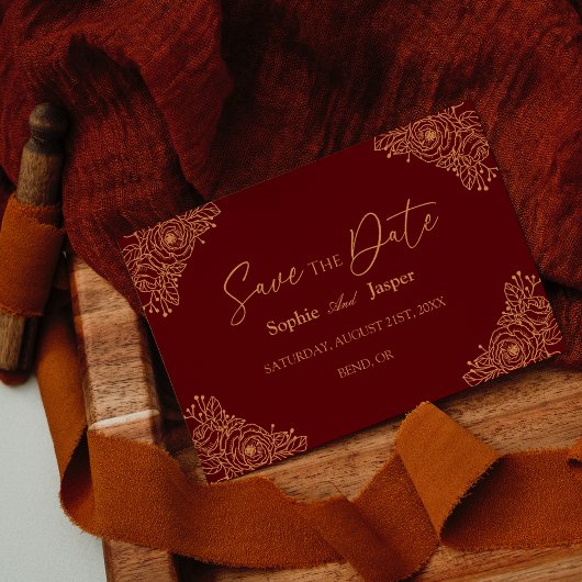 Burgundi Gold Floral Save the Date Card