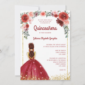Burgundi Gold Glitzer Bloral Prinzessin Quinceaner Einladung