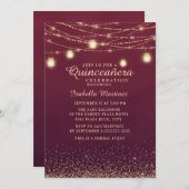 Burgundi Gold Glitzer String Lights Quinceañera Einladung (Vorne/Hinten)
