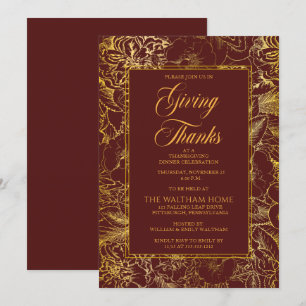 Burgundi Gold Vintag Floral Erntedank Dinner Einladung