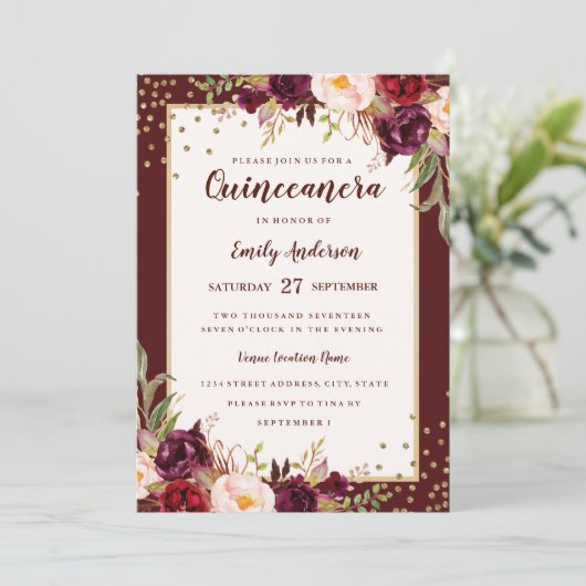 Burgundi Goldene Blüte Sparkasse Einladung (Stehend Vorderseite)