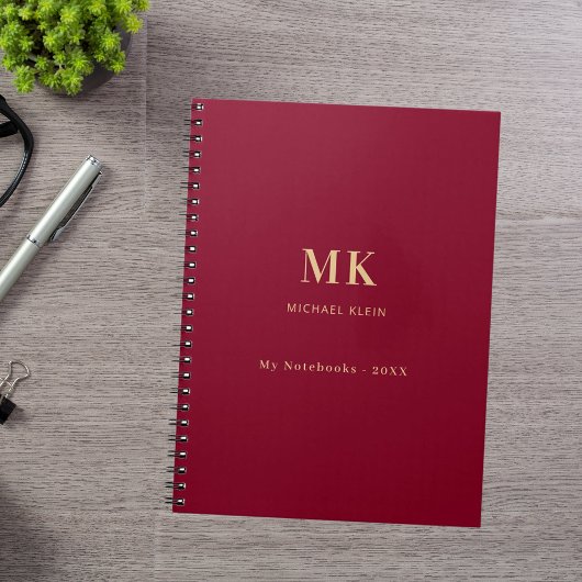 Burgundi Goldname Monogramm Notizblock