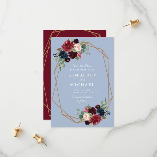 burgundische, staubblaue geometrische Save the Dat Save The Date (Vorderseite/Rückseite Beispiel)