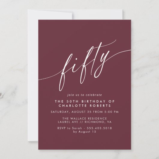 Burgundrot | Elegantes Script Maroon 50. Geburtsta Einladung (Vorderseite)