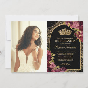 Burgundrot Schwarzes Gold Florales Quinceanera-Fot Einladung
