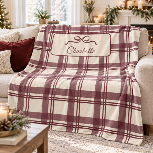 Burgundrote Creme-Tartan-Karo-Schleife Weihnachten Fleecedecke