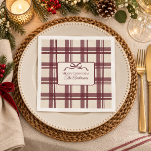 Burgundrote Creme-Tartan-Karo-Schleife Weihnachten Serviette
