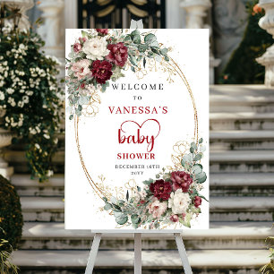 Burgundrote tiefe Florale Babyparty Begrüßung Poster