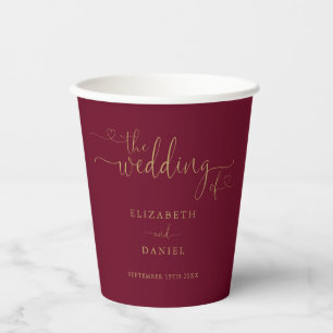 Burgundrote und goldene Herz-Schrift Hochzeit Pappbecher