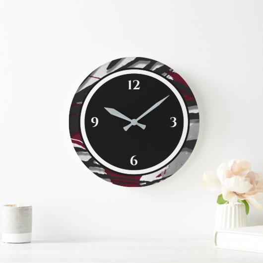 Burgundschwarz und weiß Abstrakte große Uhr (Zuhause)