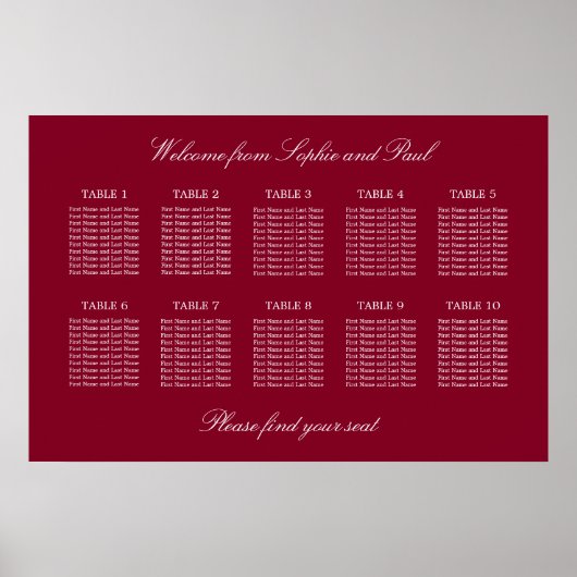 Burgundy 10 Table Wedding Seating Chart Poster (Vorne)