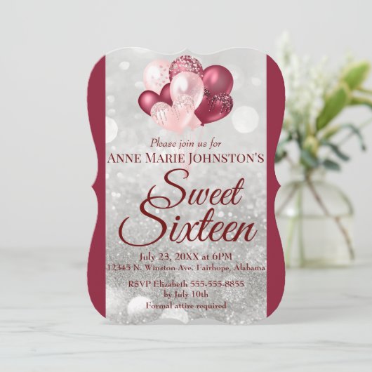 Burgundy 16 . Geburtstag Balloon Einladung (Stehend Vorderseite)
