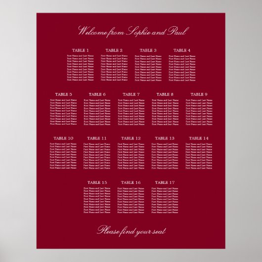 Burgundy 17 Tabelle Hochzeitsdiagramm Poster (Vorne)