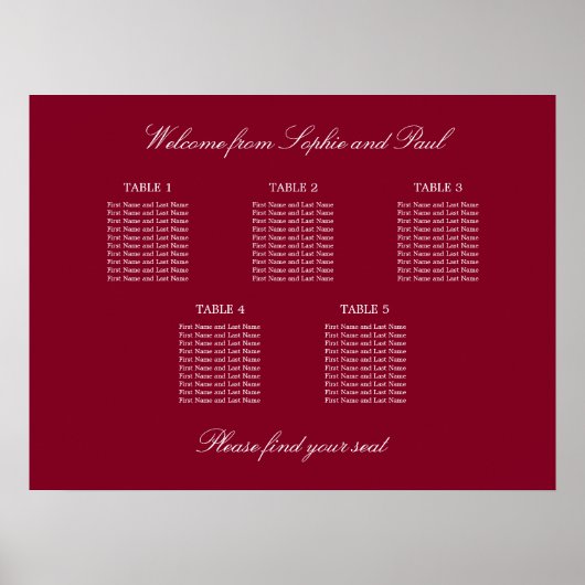 Burgundy 5 Table Wedding Chart Poster (Vorne)