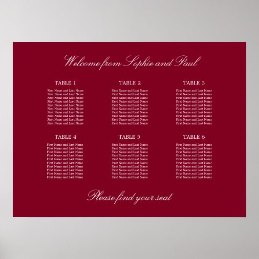 Burgundy 6 Table Wedding Chart Poster (Vorne)