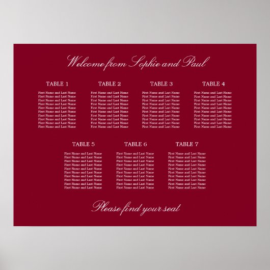 Burgundy 7 Table Wedding Chart Poster (Vorne)