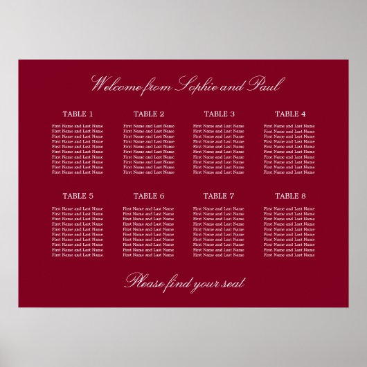 Burgundy 8 Table Wedding Chart Poster (Vorne)